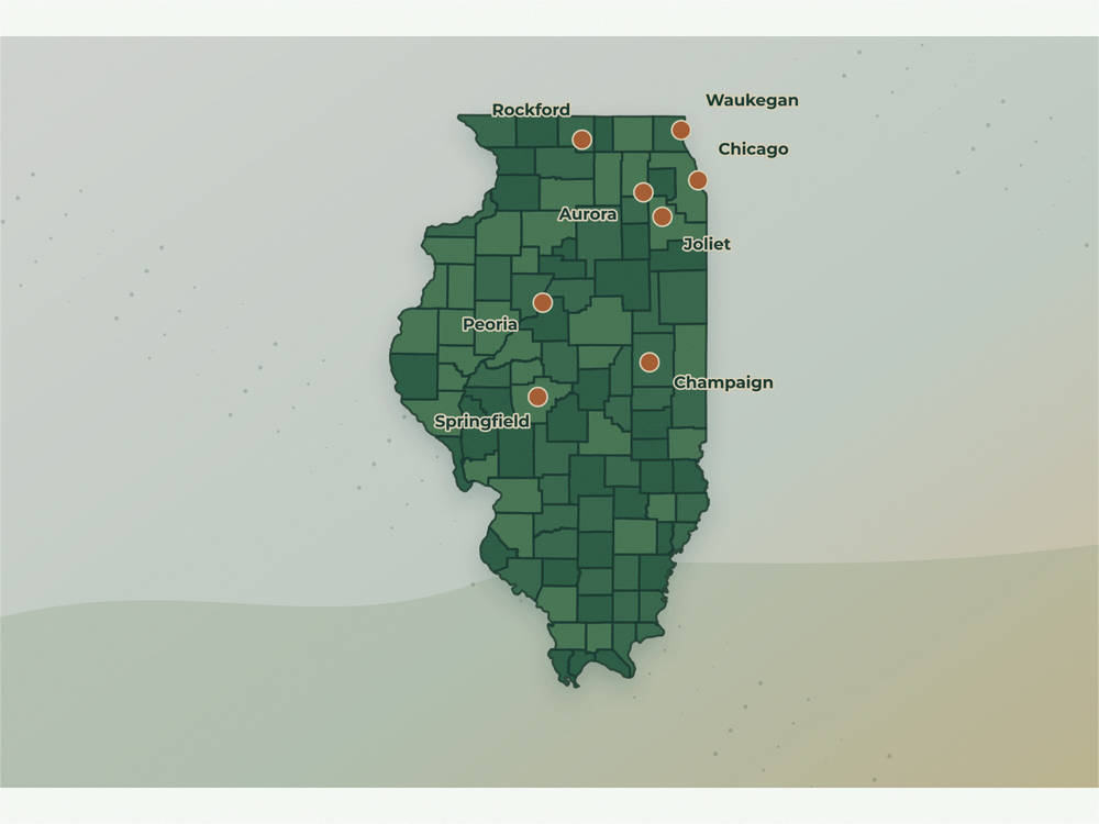 Accurate Illinois land service area map showing Chicago, Aurora, Joliet, Naperville, Rockford, Springfield, Peoria, Champaign, and Waukegan